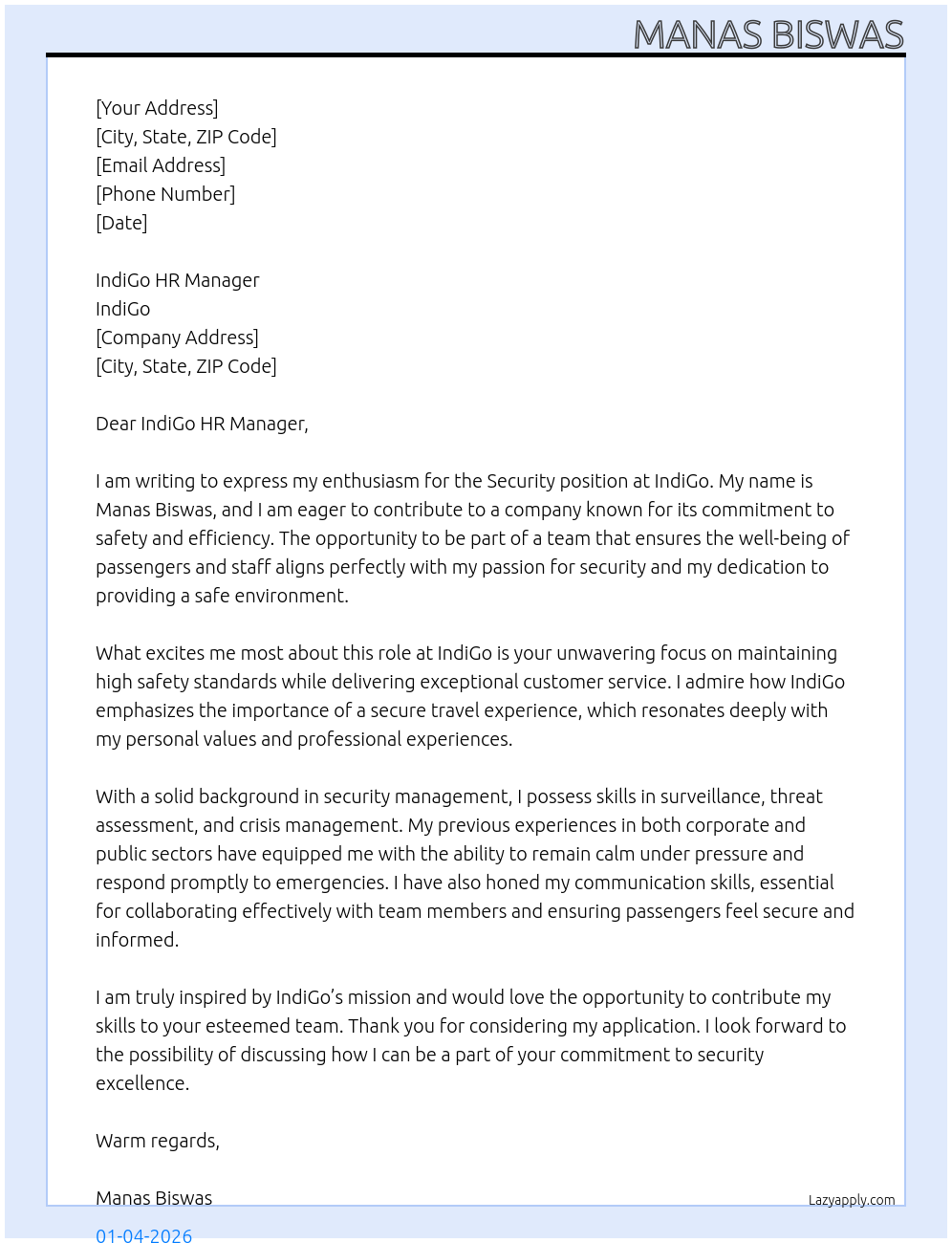 security At IndiGo Cover Letter