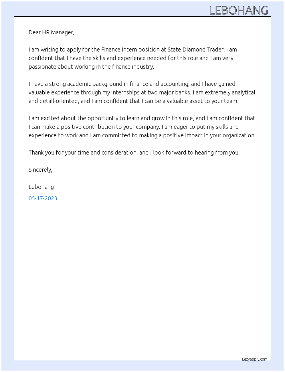 Finance Intern At State Diamond Trader Cover Letter