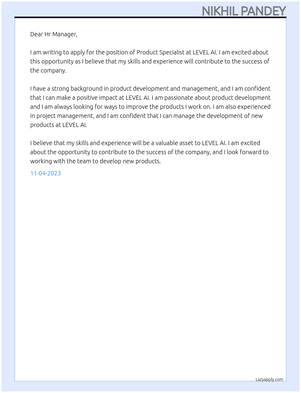 Product Specialist At LEVEL AI Cover Letter