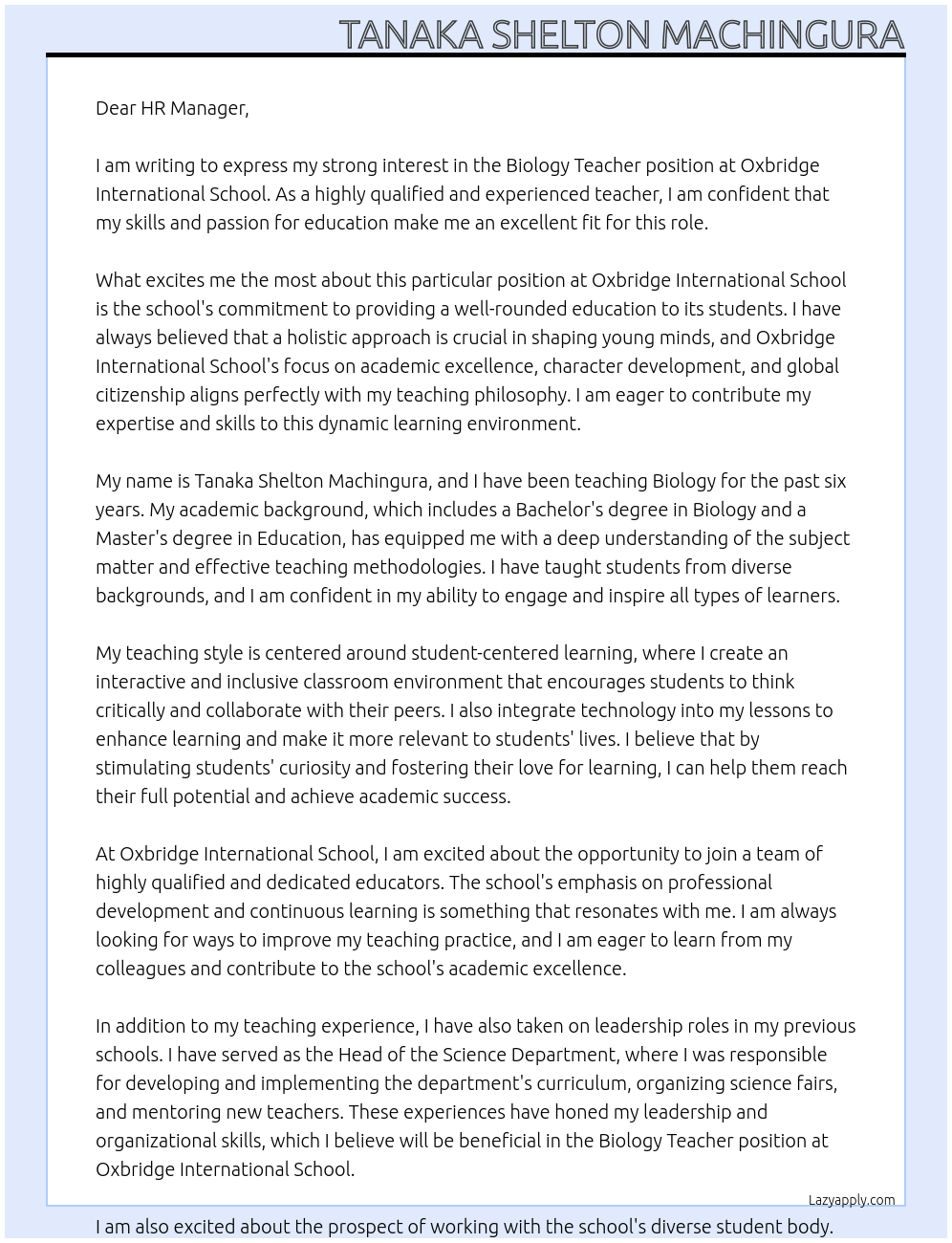 Biology Teacher At Oxbridge International School Cover Letter