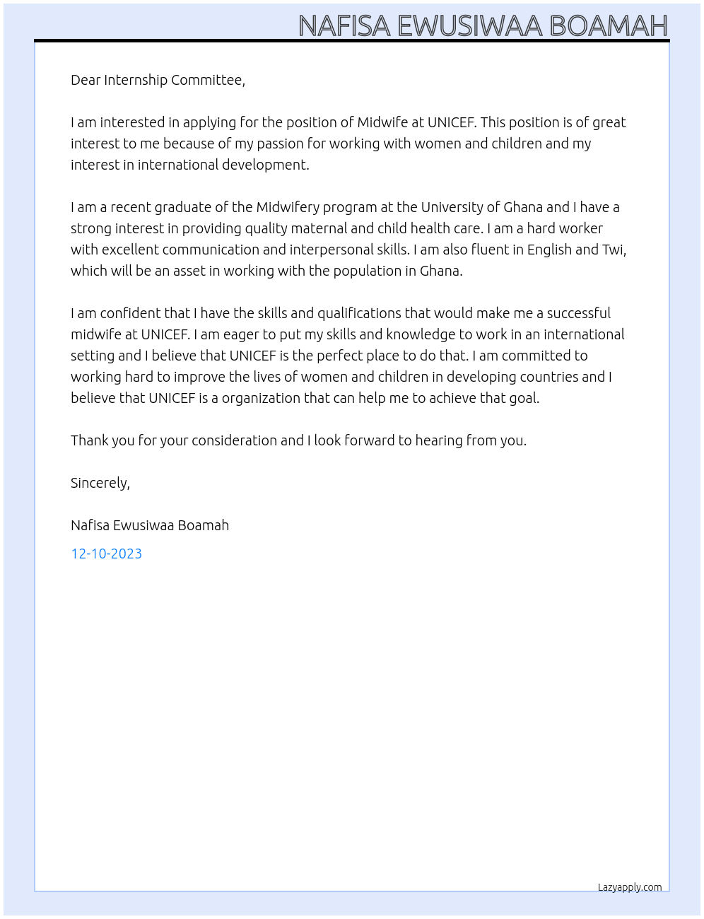 Midwife  At UNICEF Cover Letter