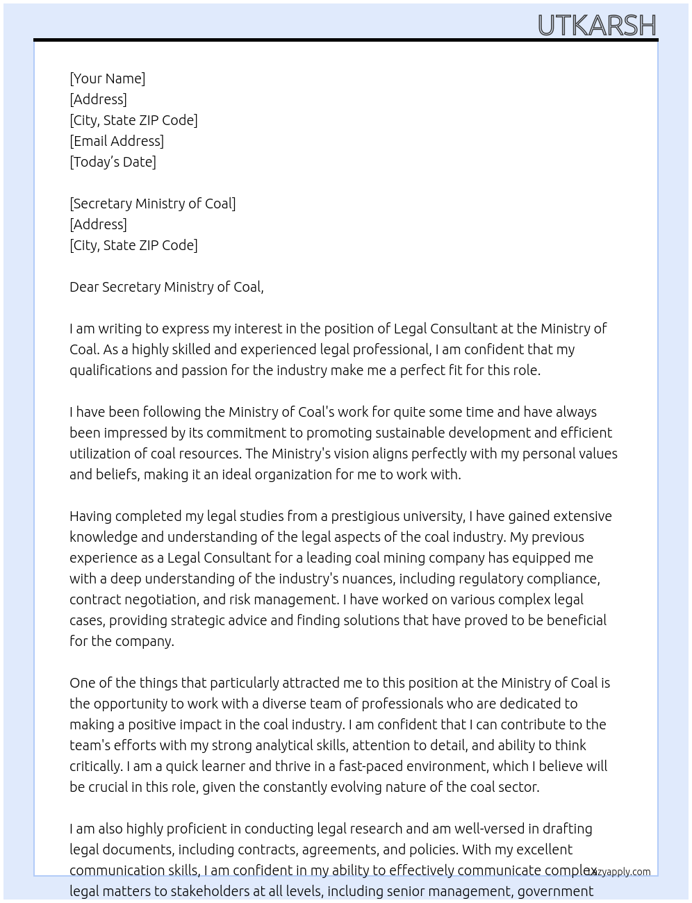Legal consultant At Ministry of Coal Cover Letter