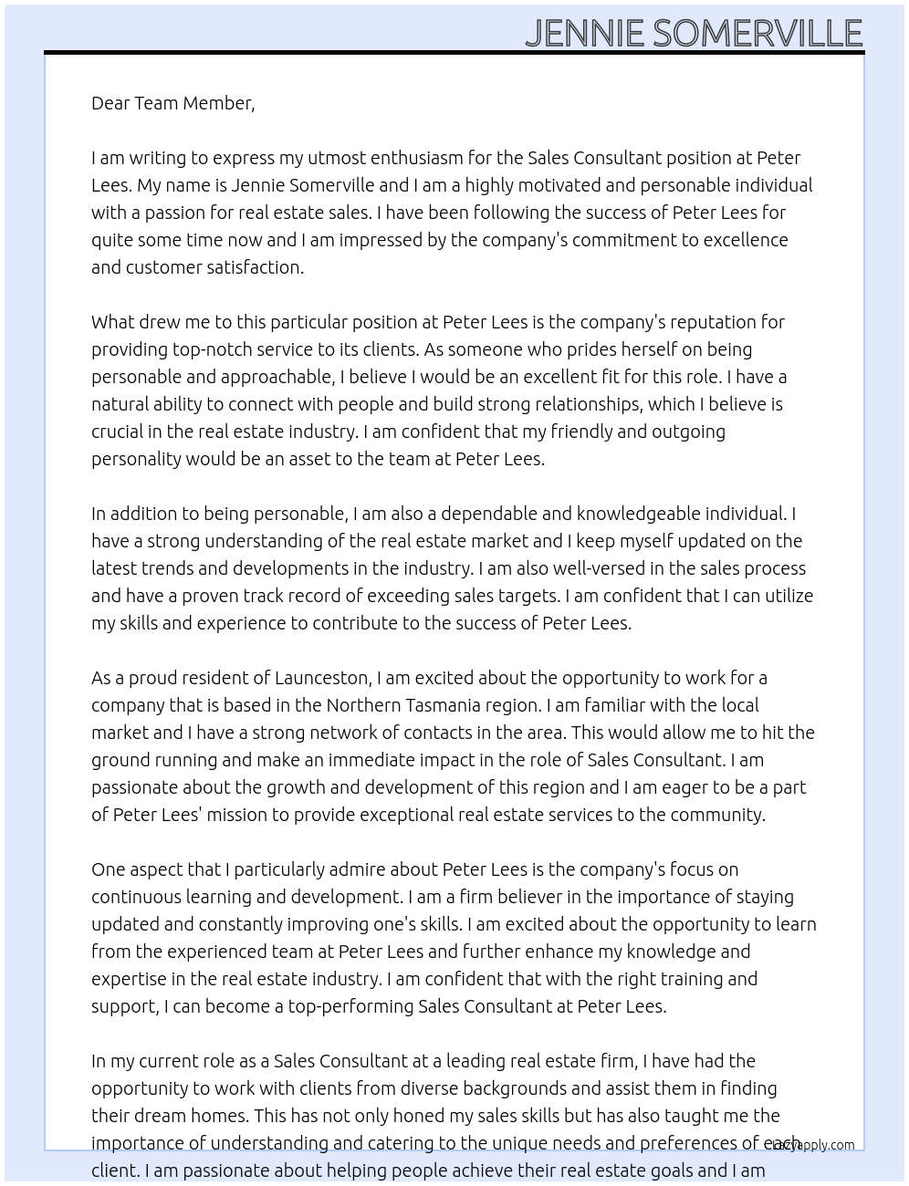 Sales Consultant At Peter Lees Cover Letter