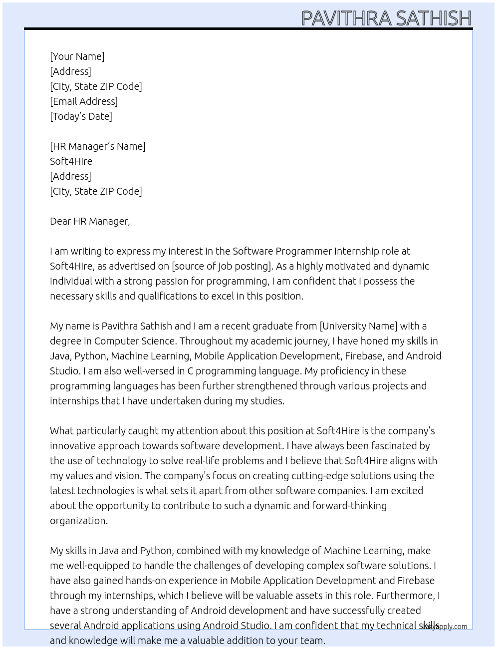 Software Programmer At Soft4Hire Cover Letter