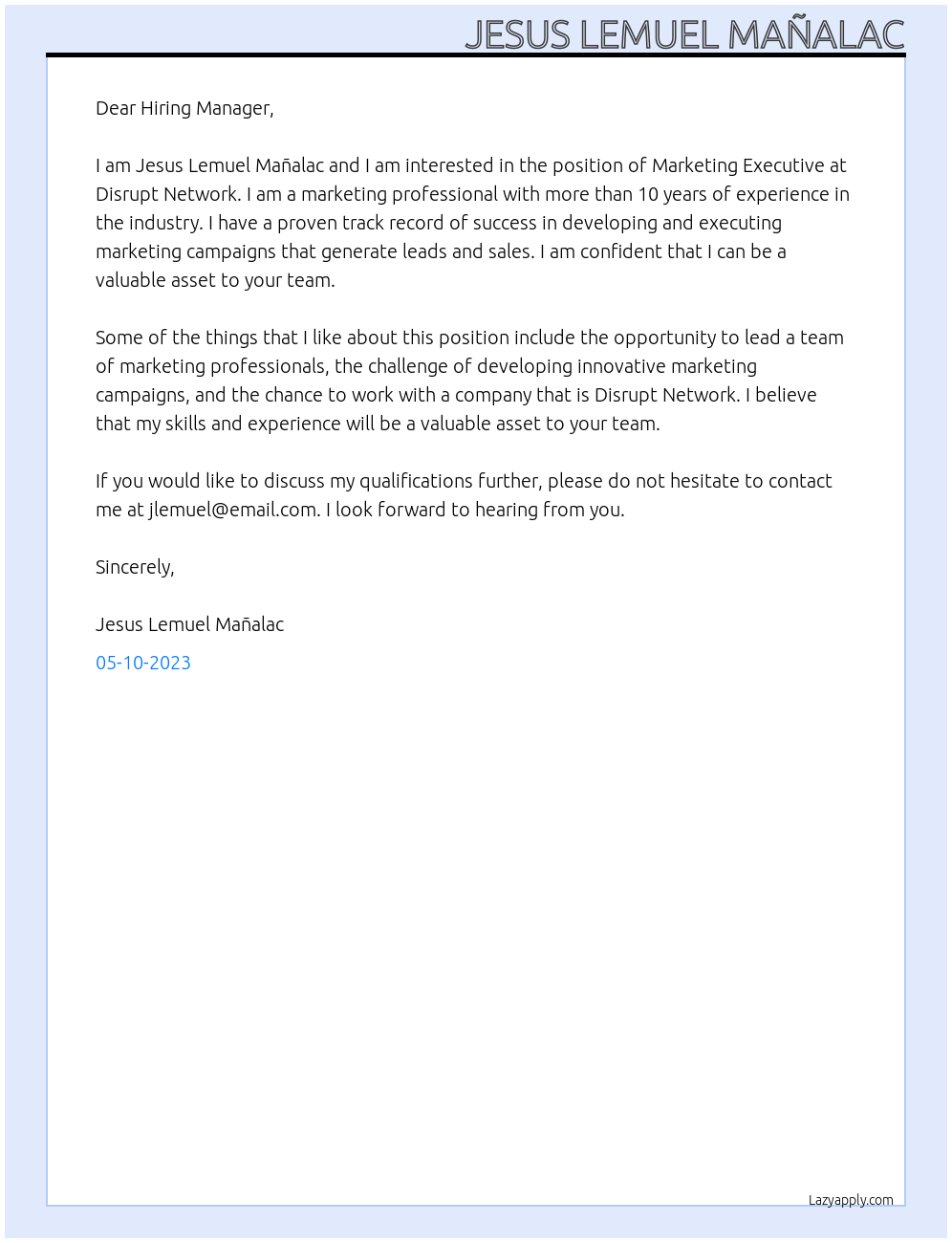 Marketing Executive At Disrupt Network Cover Letter