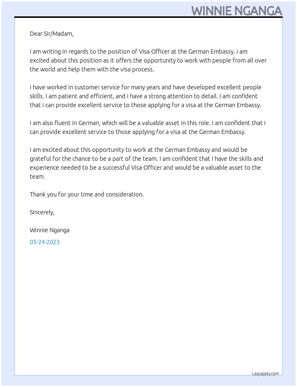 Visa Officer At German Embassy Cover Letter