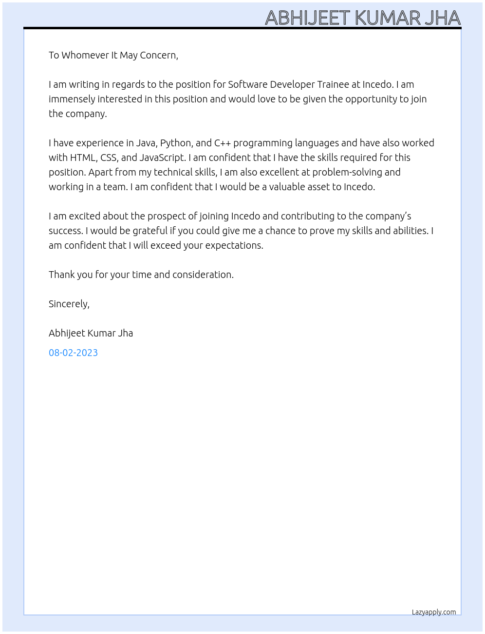 Software Developer Trainee At Incedo Cover Letter