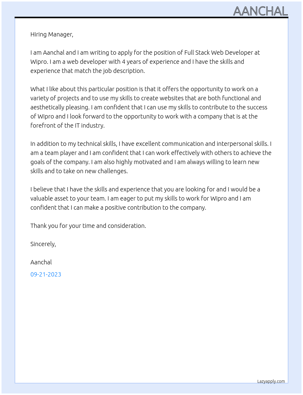 Full Stack Web Developer At Wipro Cover Letter