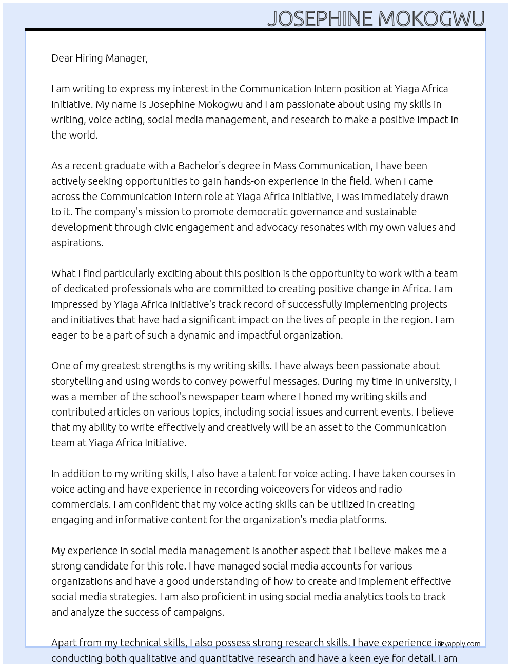 Communication Intern At Yiaga Africa Initiative Cover Letter