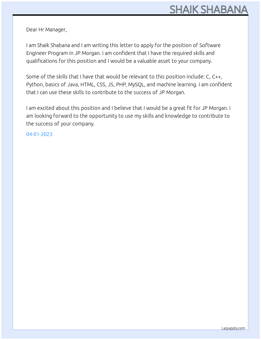 Software Engineer Program At JP Morgan Cover Letter