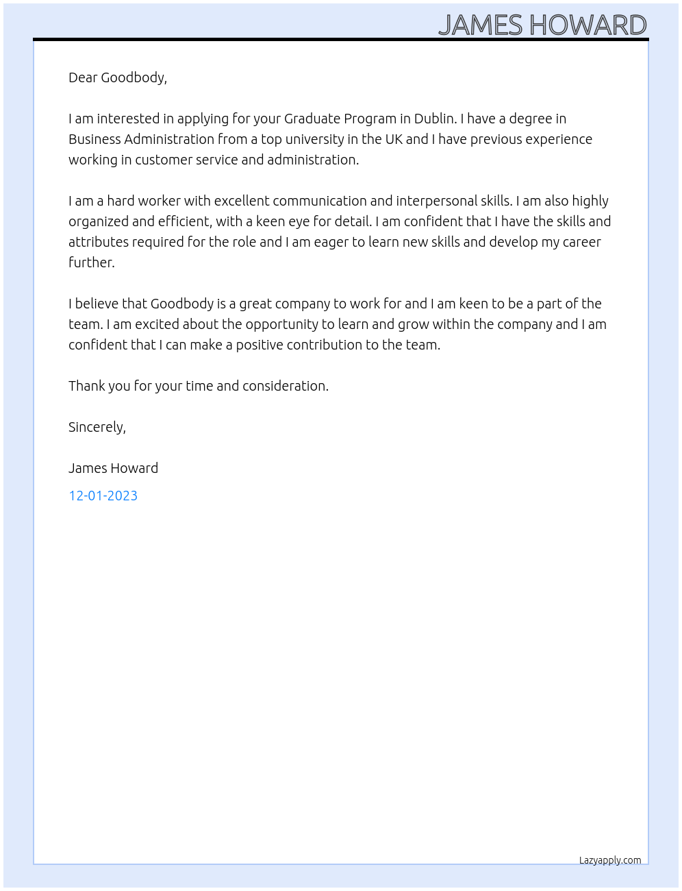 Graduate Program At Goodbody Cover Letter