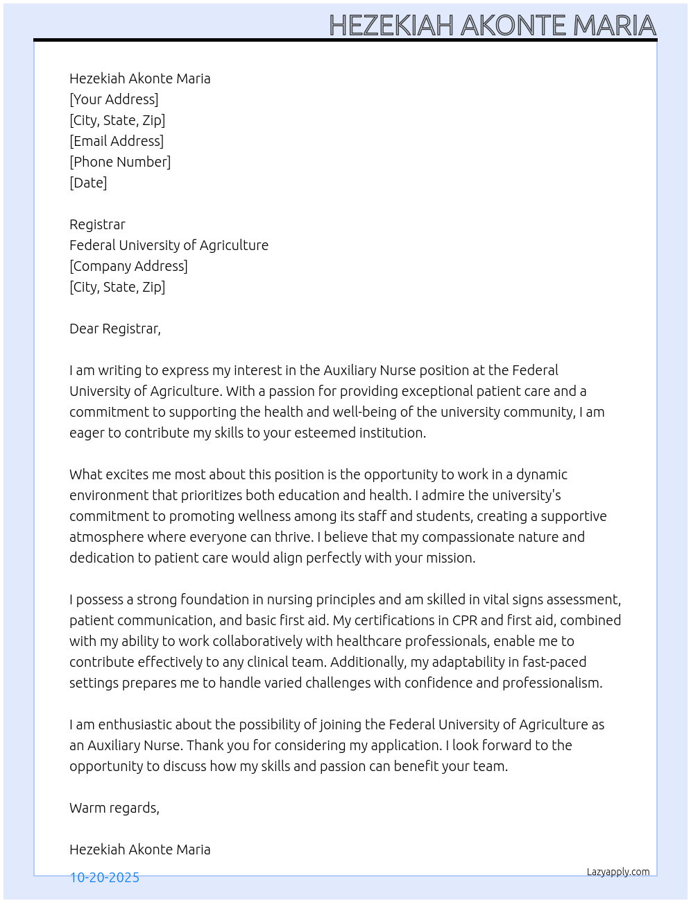 Cover letter for auxiliary nurse - LazyApply