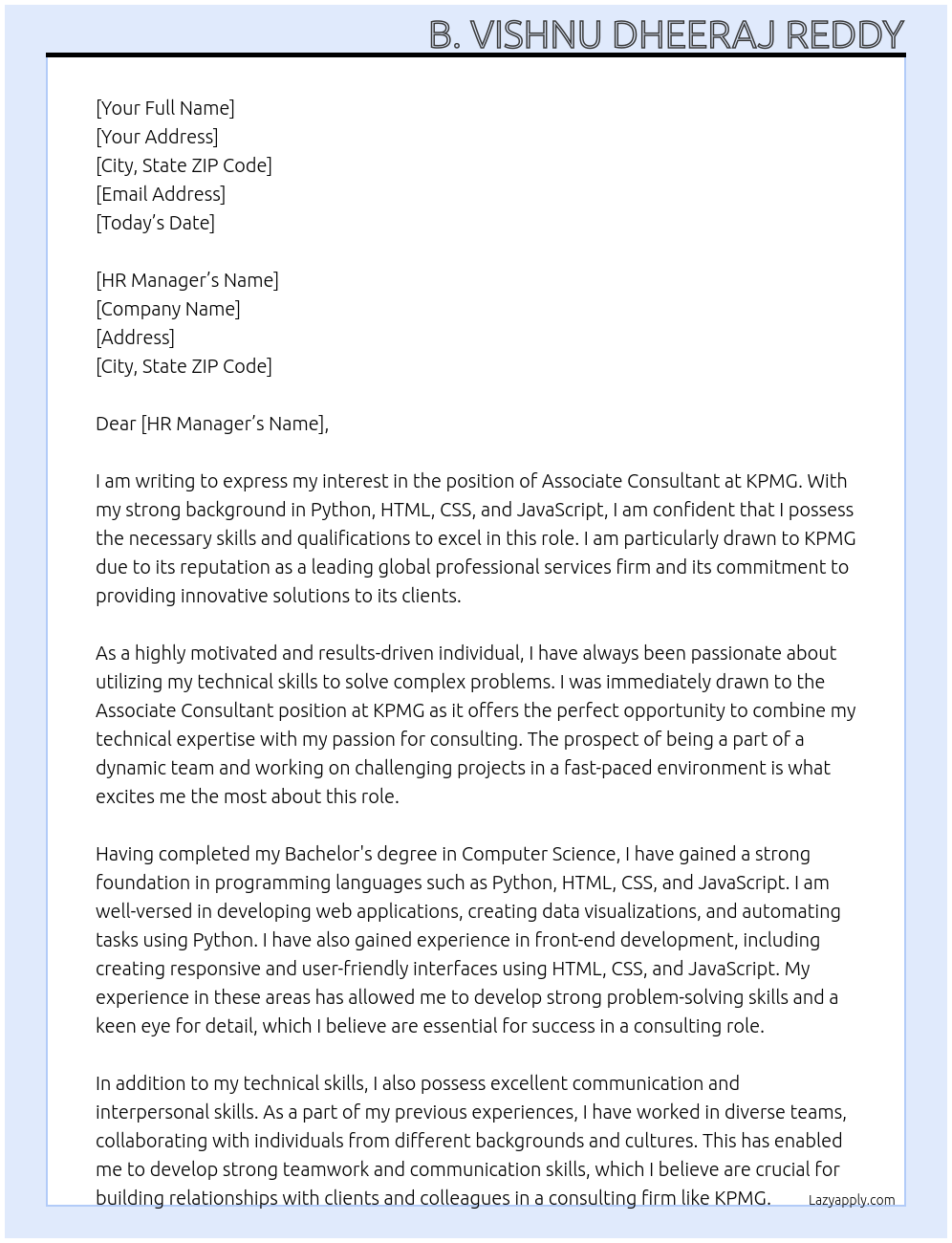 ASSOCIATE CONSULTANT At kpmg Cover Letter