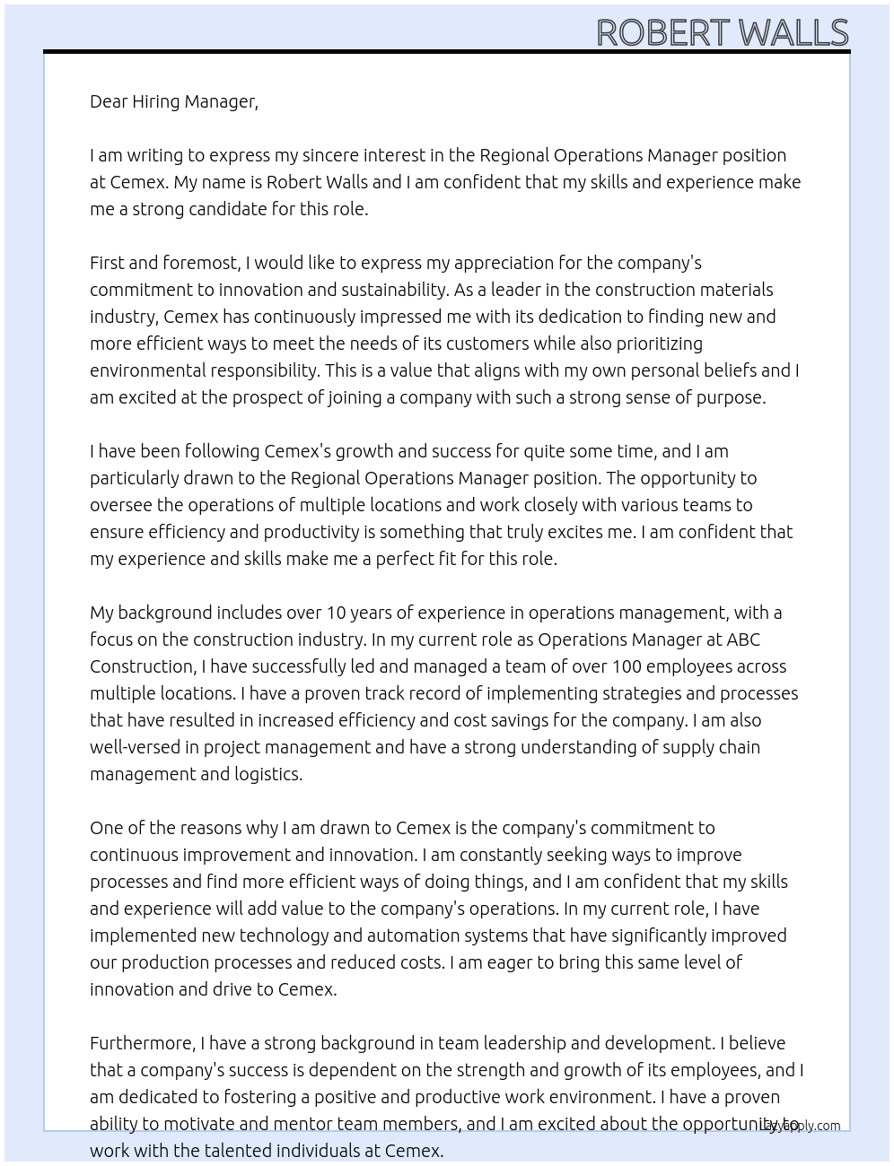 Regional Operations Manager At Cemex Cover Letter