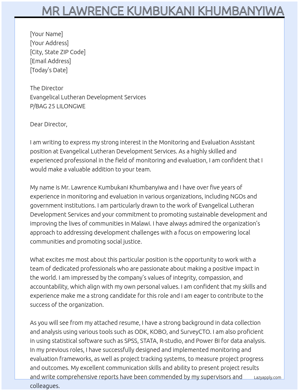 Monitoring and Evaluation Assistant At EVANGELICAL LUTHERAN DEVELOPMENT SERVICES Cover Letter