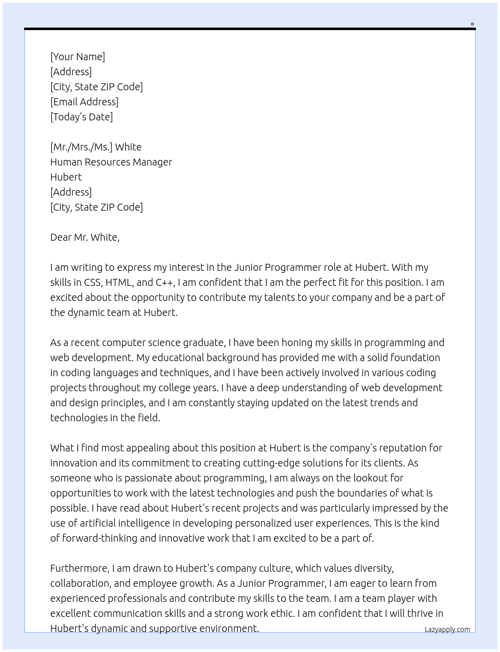 Programmer At Hubert Cover Letter