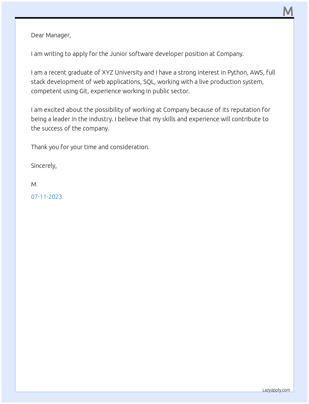 Junior software developer At Company Cover Letter