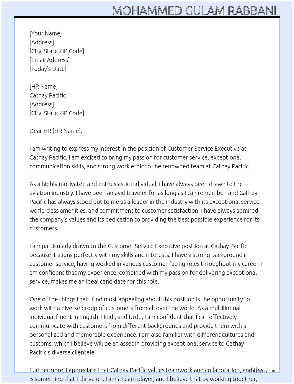 Customer service executive At Cathay Pacific Cover Letter