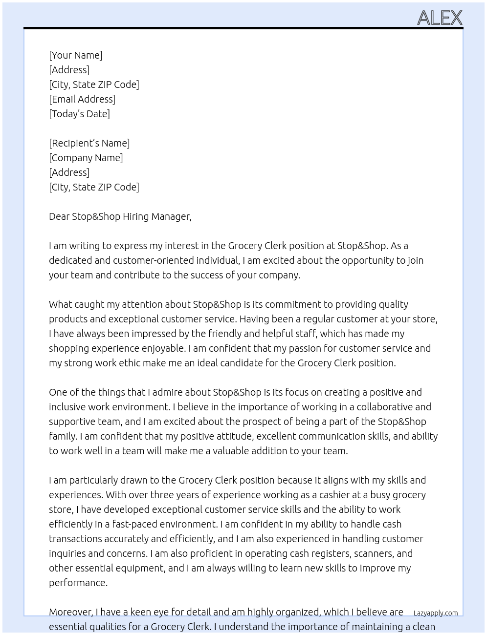 Grocery Clerk At Stop&Shop Cover Letter