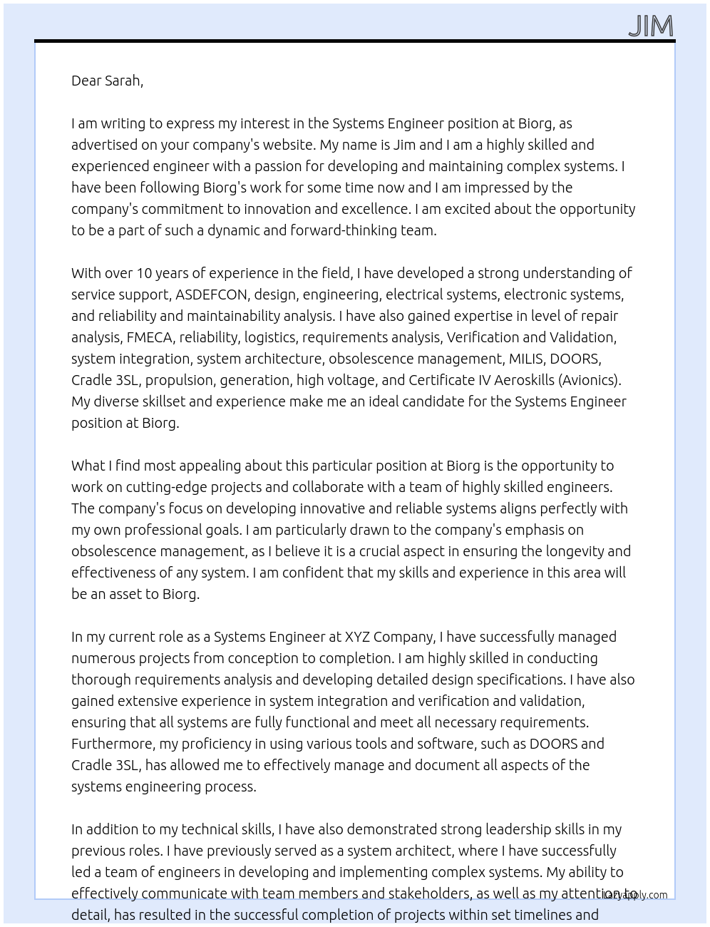 Systems Engineer At Biorg Cover Letter