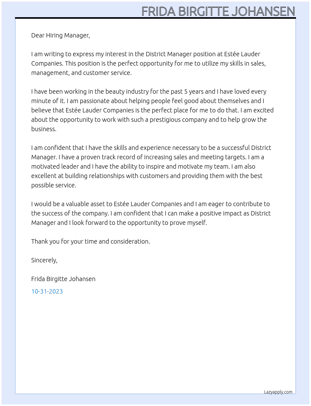 District manager At ESTÉE LAUDER COMPANIES Cover Letter