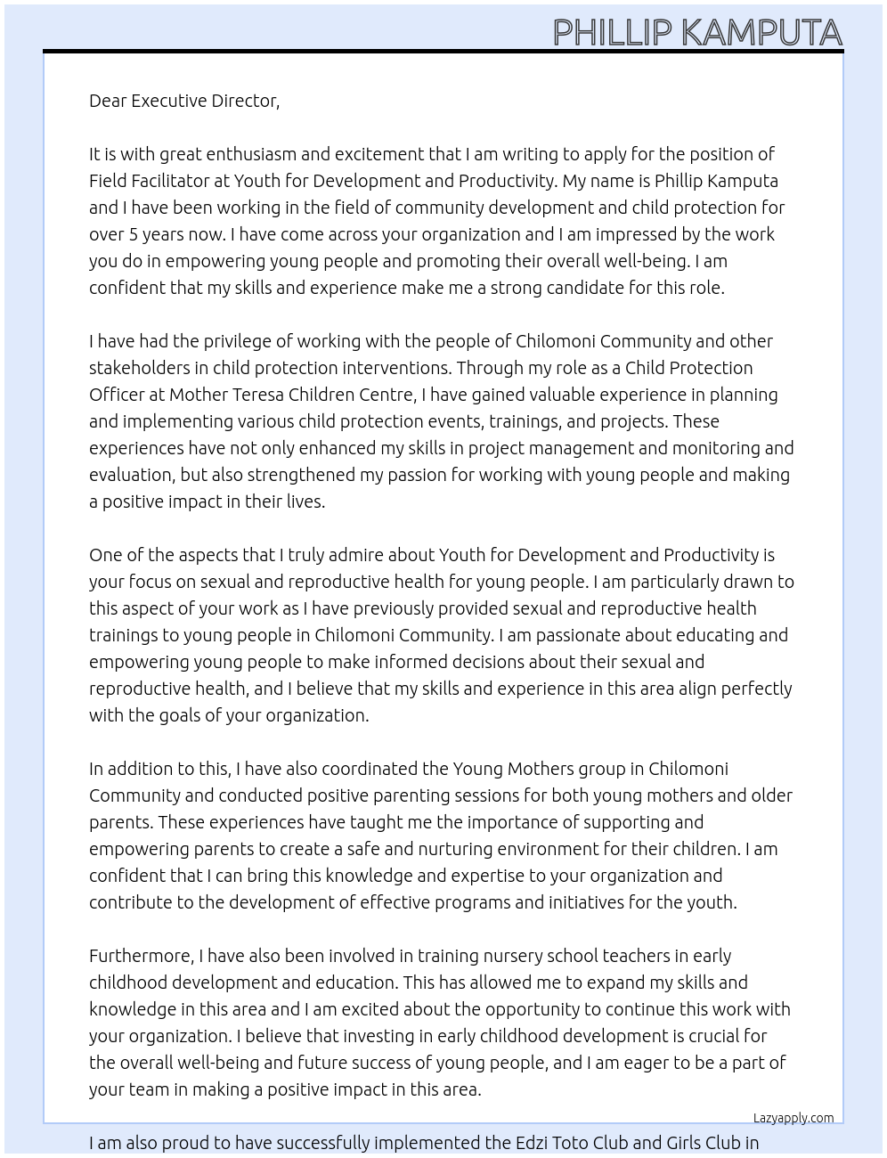 FIELD FACILITATOR At Youth for Development and productivity Cover Letter