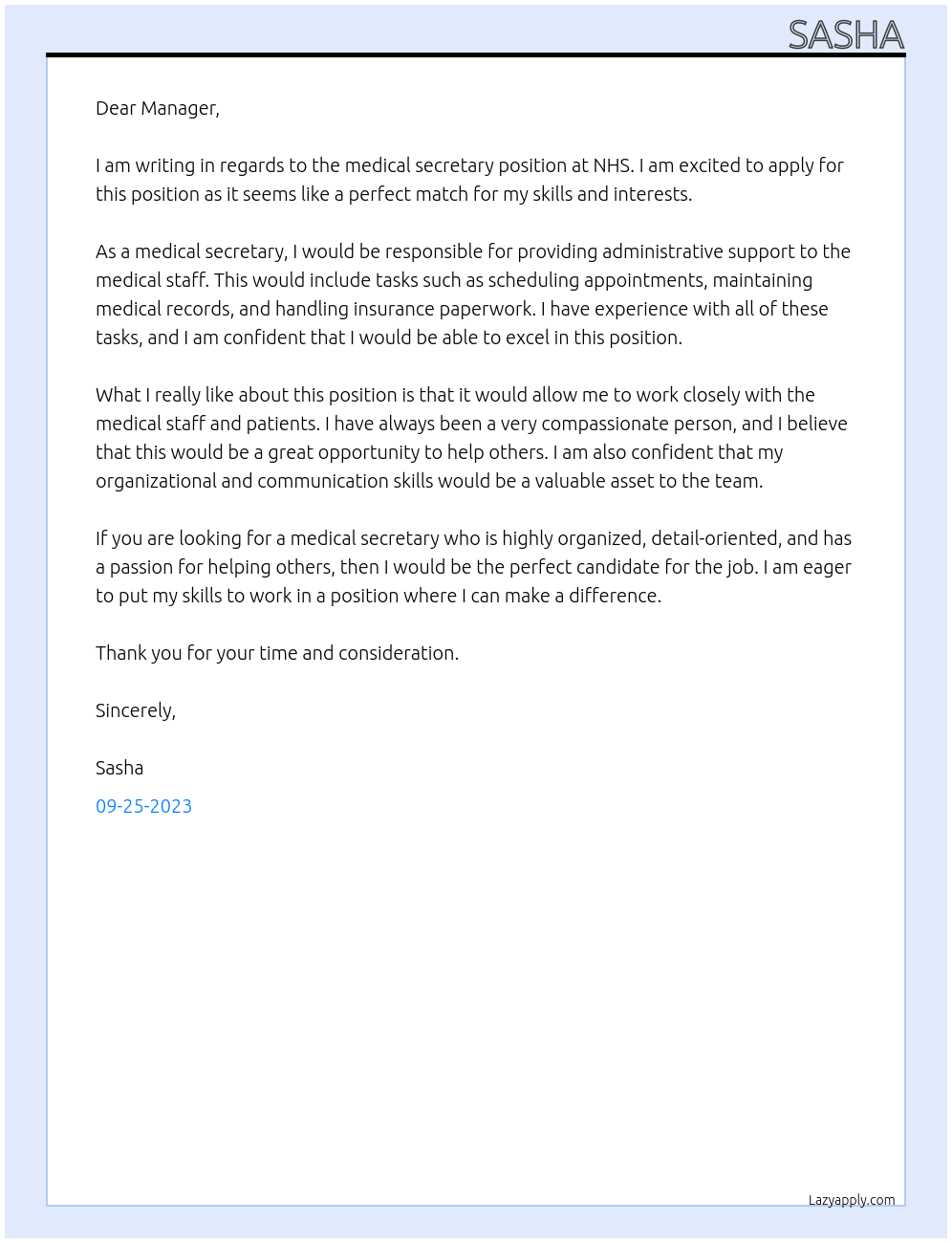 medical secretary At nhs Cover Letter