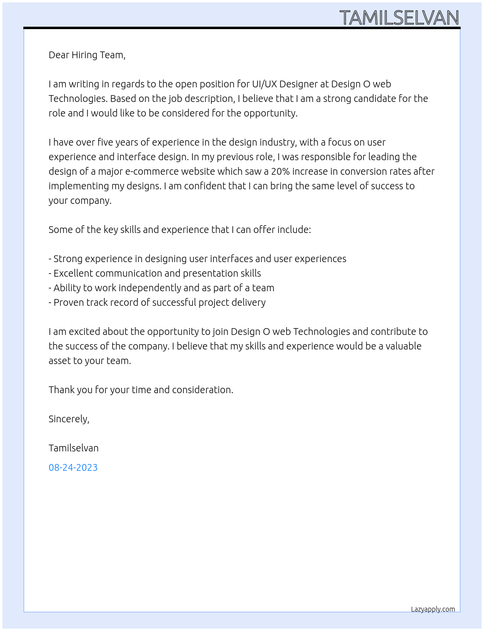 Cover letter for ui/ux designer - LazyApply