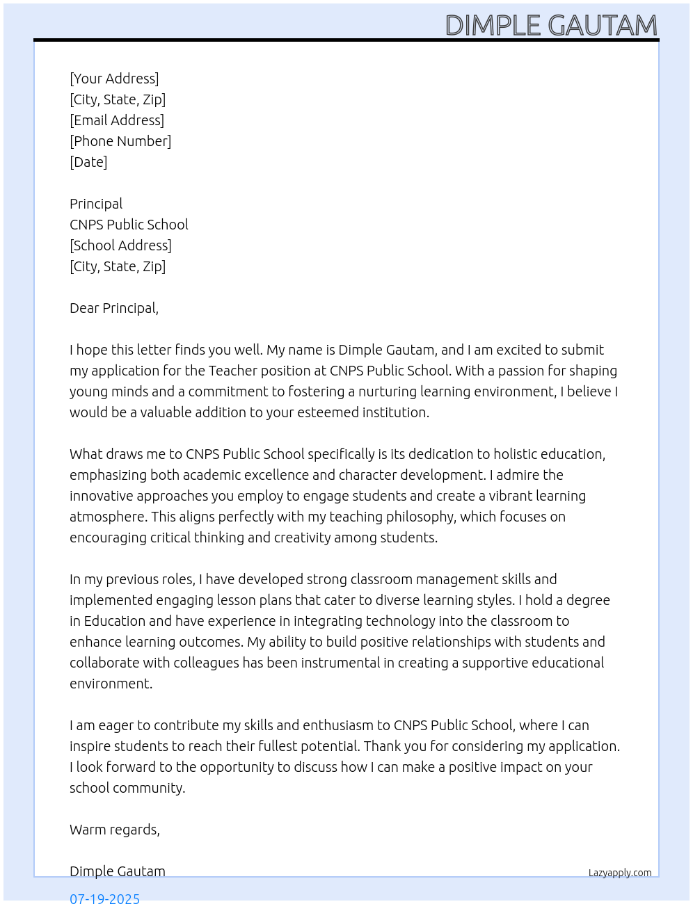 Teacher At CNPS Public School Cover Letter