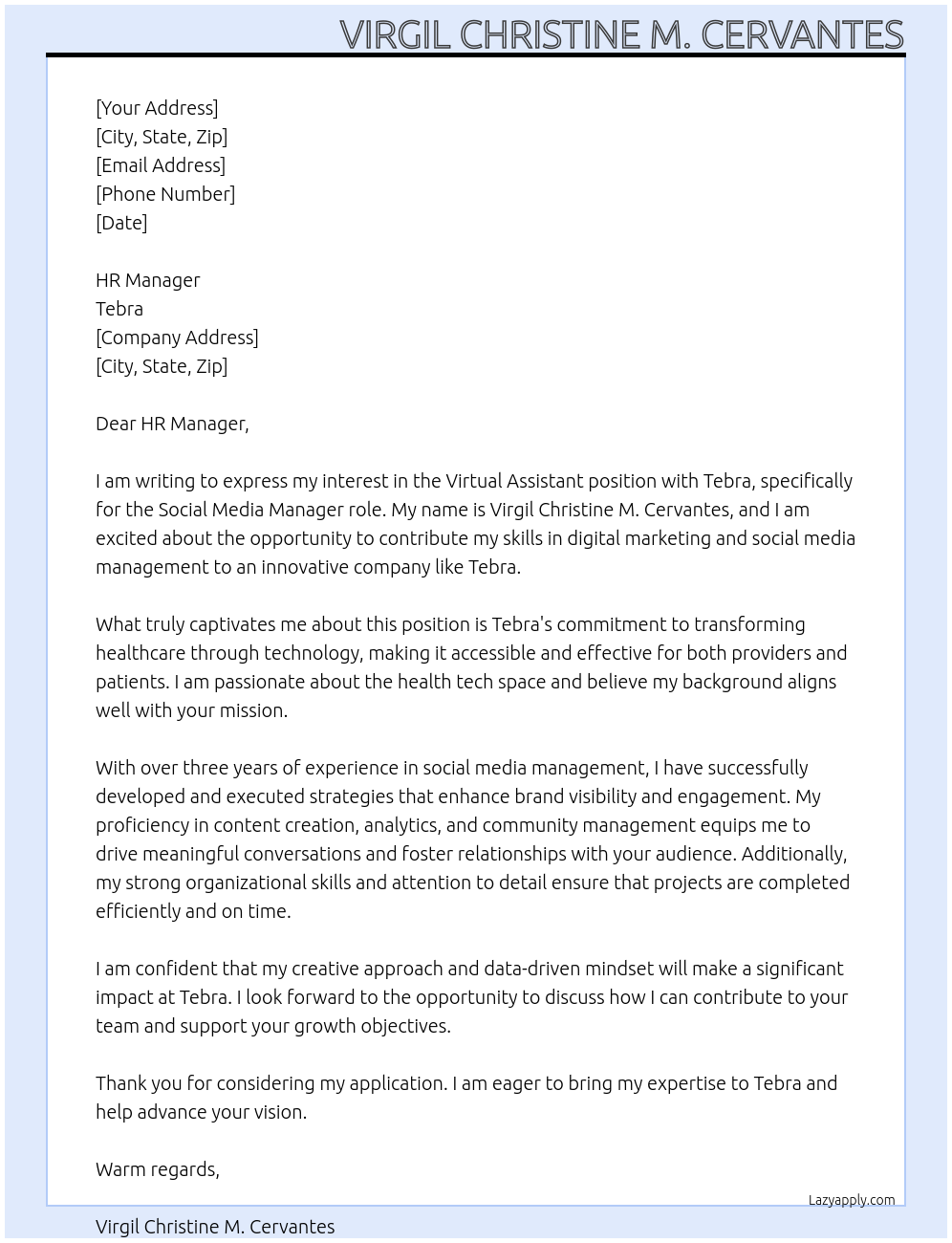 Virtual Assistant At Tebra Cover Letter