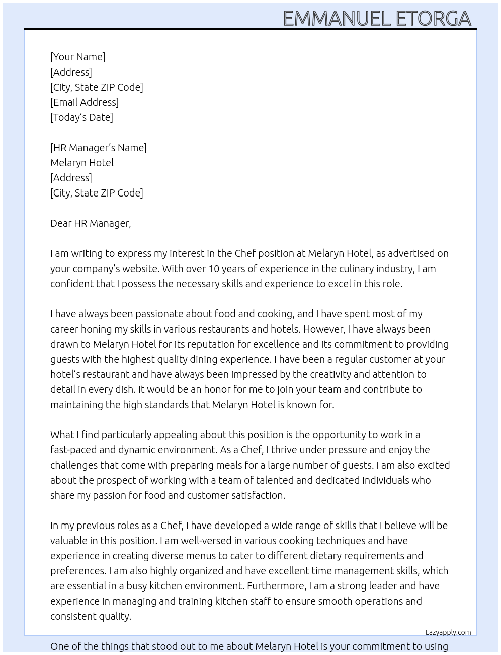 Chef At Melaryn Hotel Cover Letter