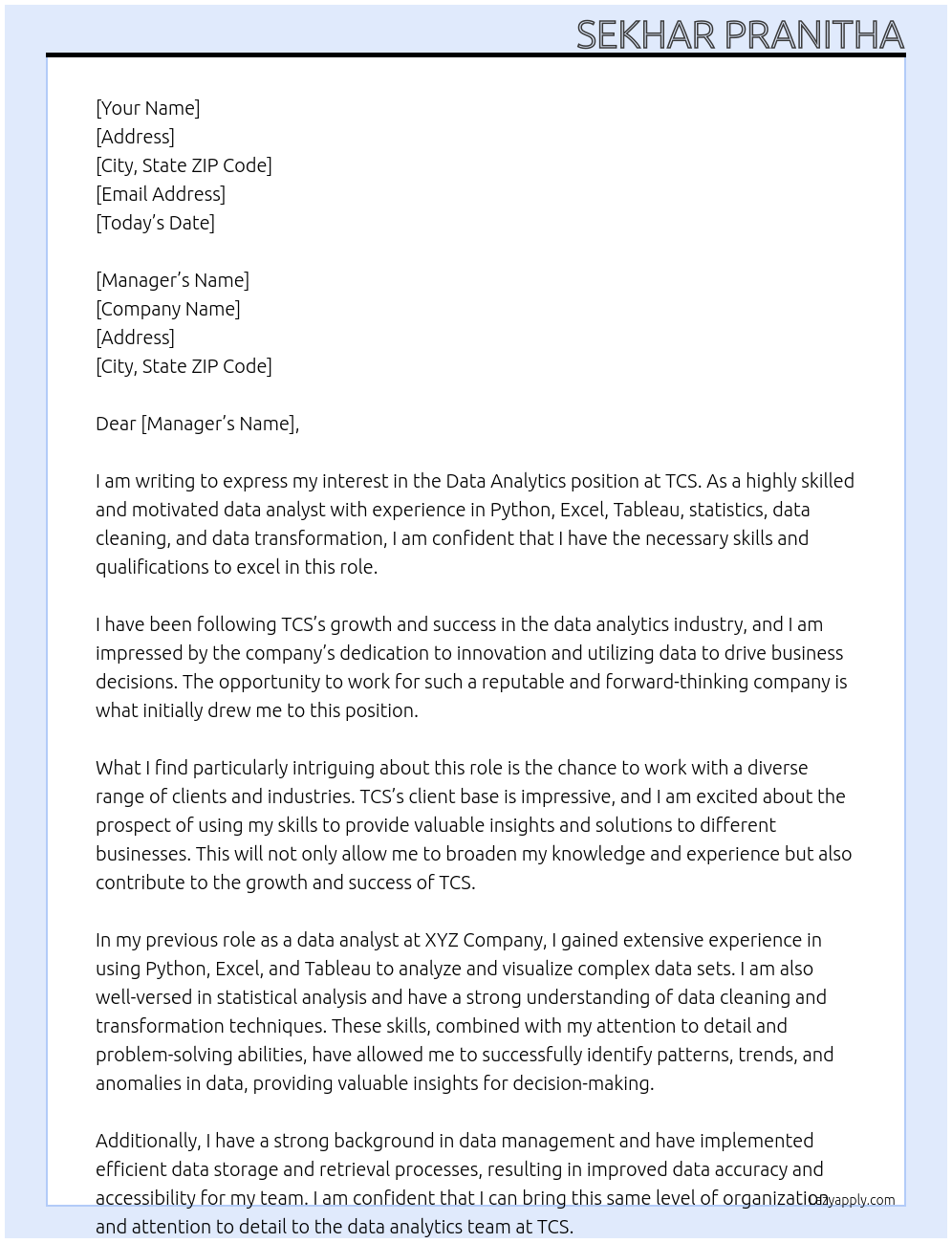 Data analytics At TCS Cover Letter