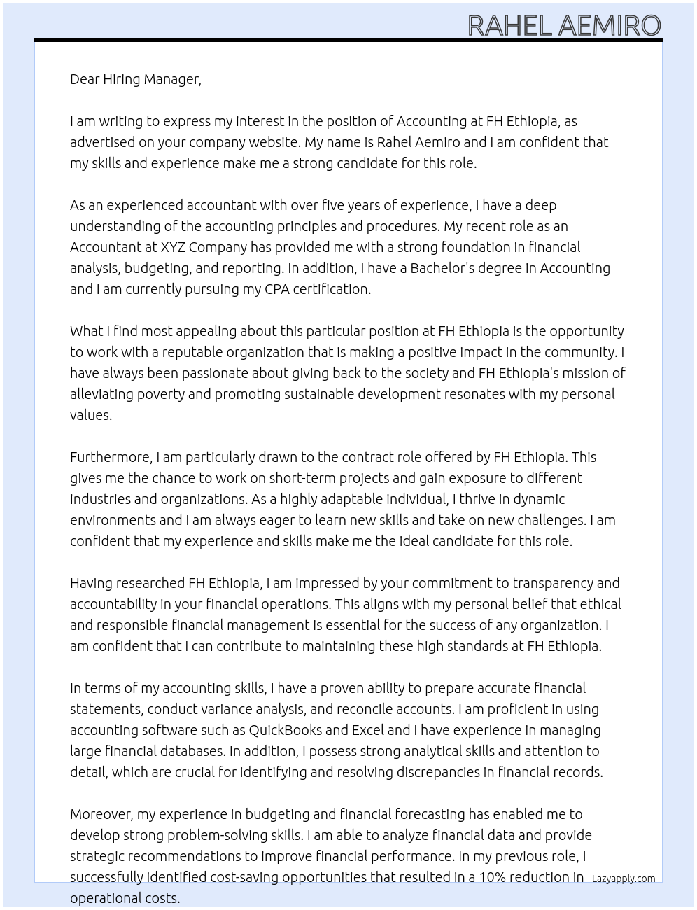 Accounting At FH Ethiopia Cover Letter