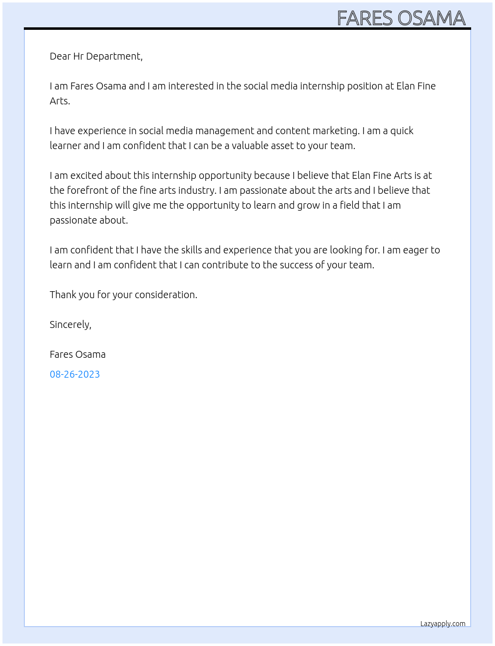 Social media internship At Elan Fine Arts Cover Letter