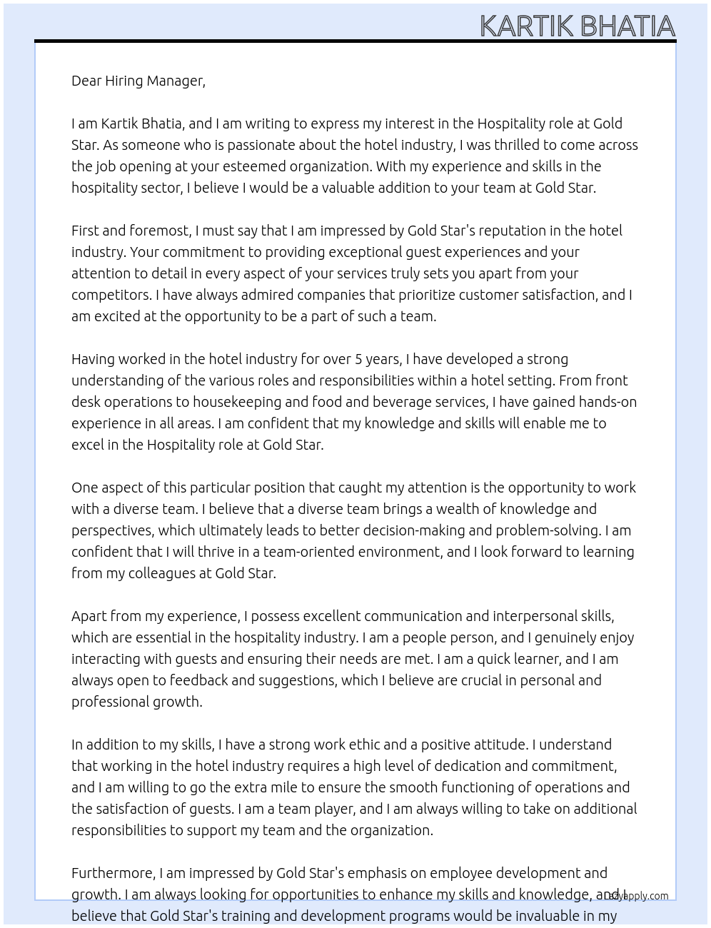 hotel Industry At Gold Star Cover Letter