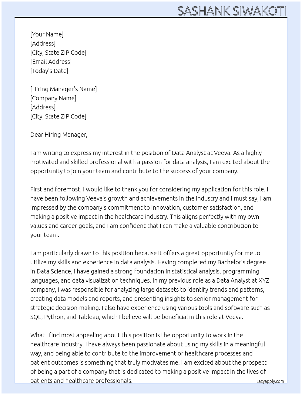 Data Analyst At Veeva Cover Letter