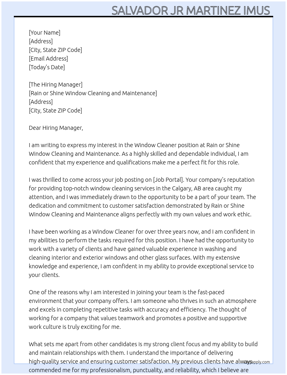 window cleaner At Rain or Shine Window Cleaning and Maintenance Cover Letter