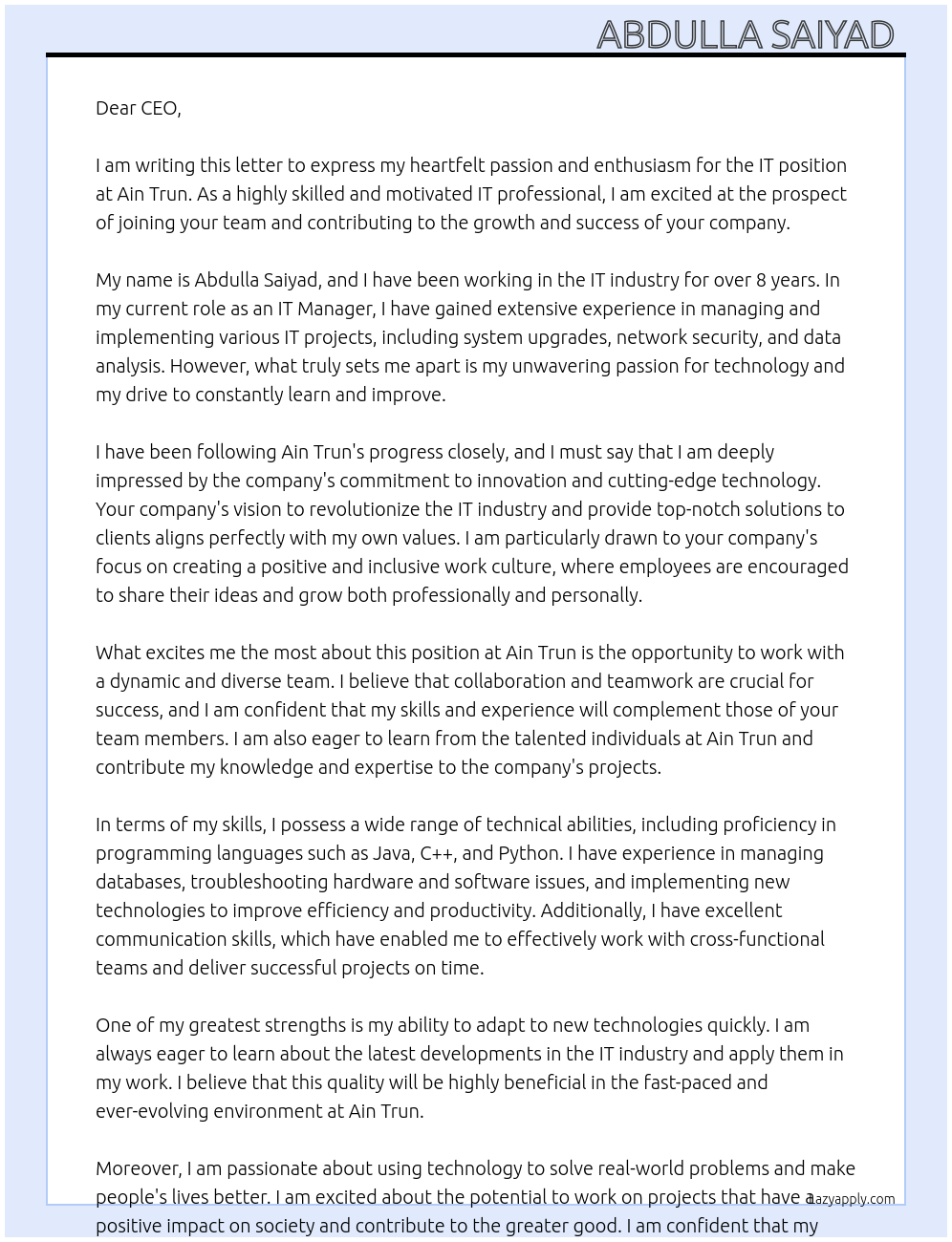 IT At Ain trun Cover Letter