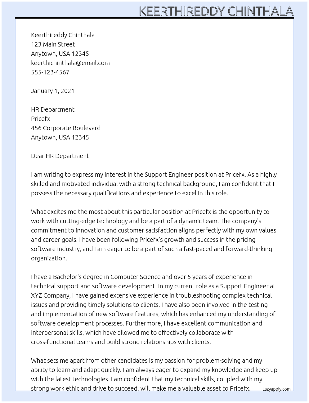 Support engineer At pricefx Cover Letter