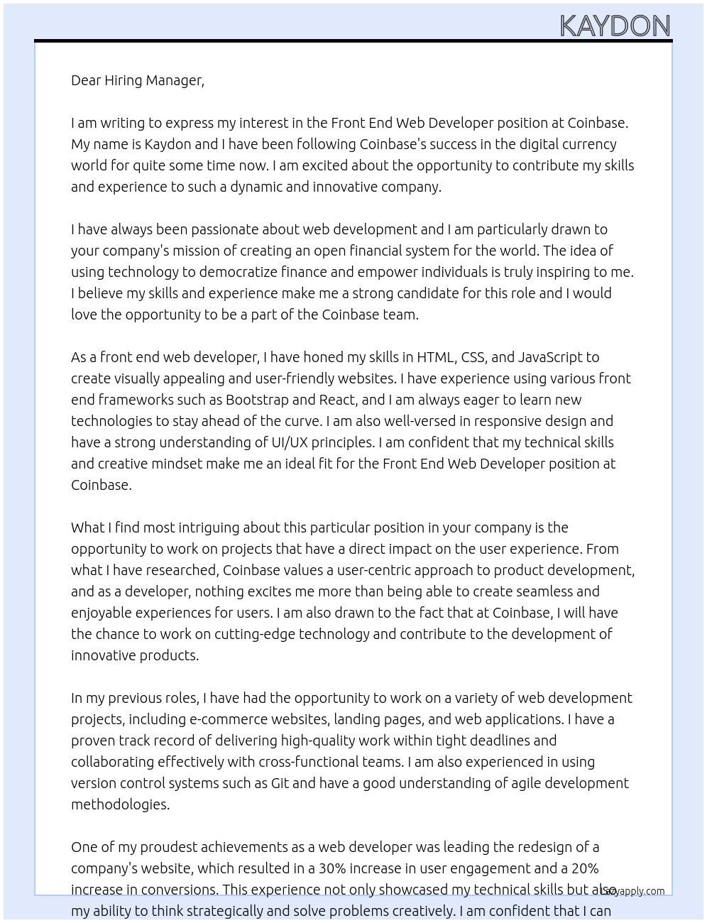 Front End Web Developer At Coinbase Cover Letter