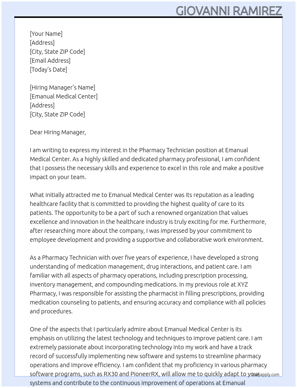 Pharmacy Technician At Emanual Medical Center Cover Letter