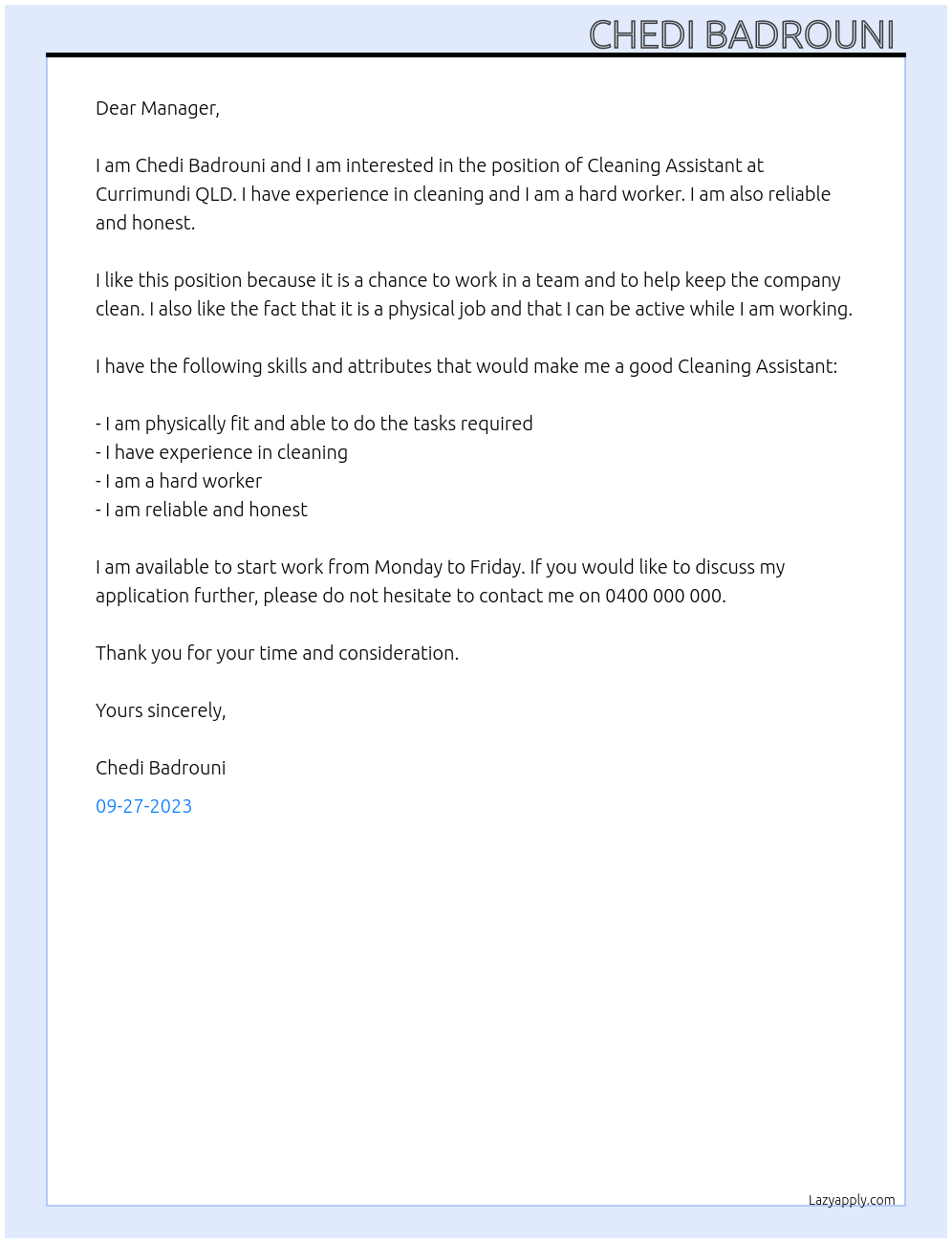 Cleaning assistant At Currimundi QLD Cover Letter