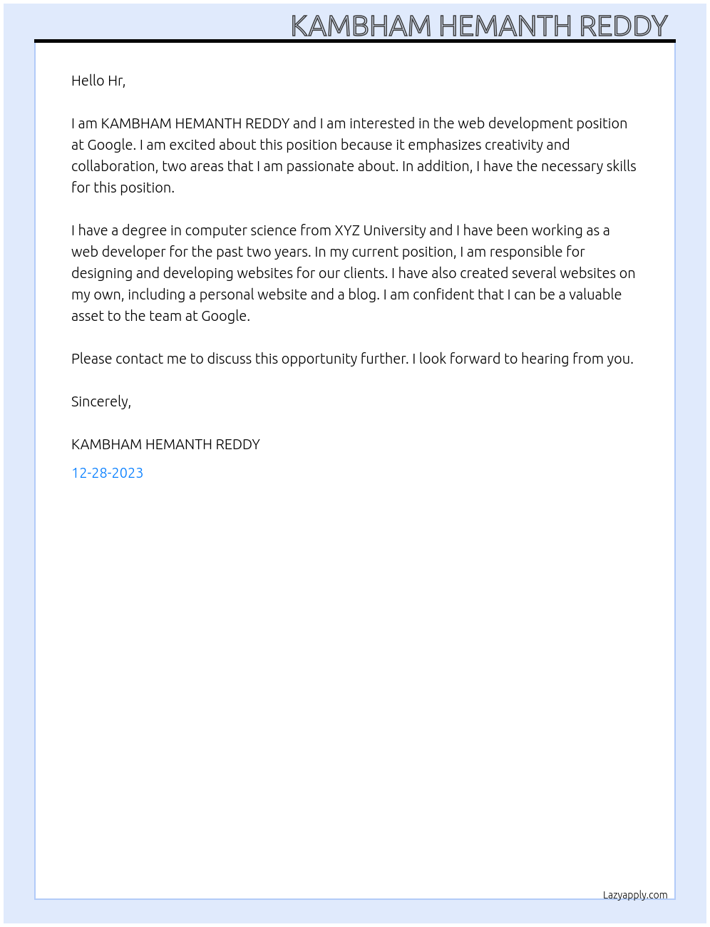 Web development At Google Cover Letter