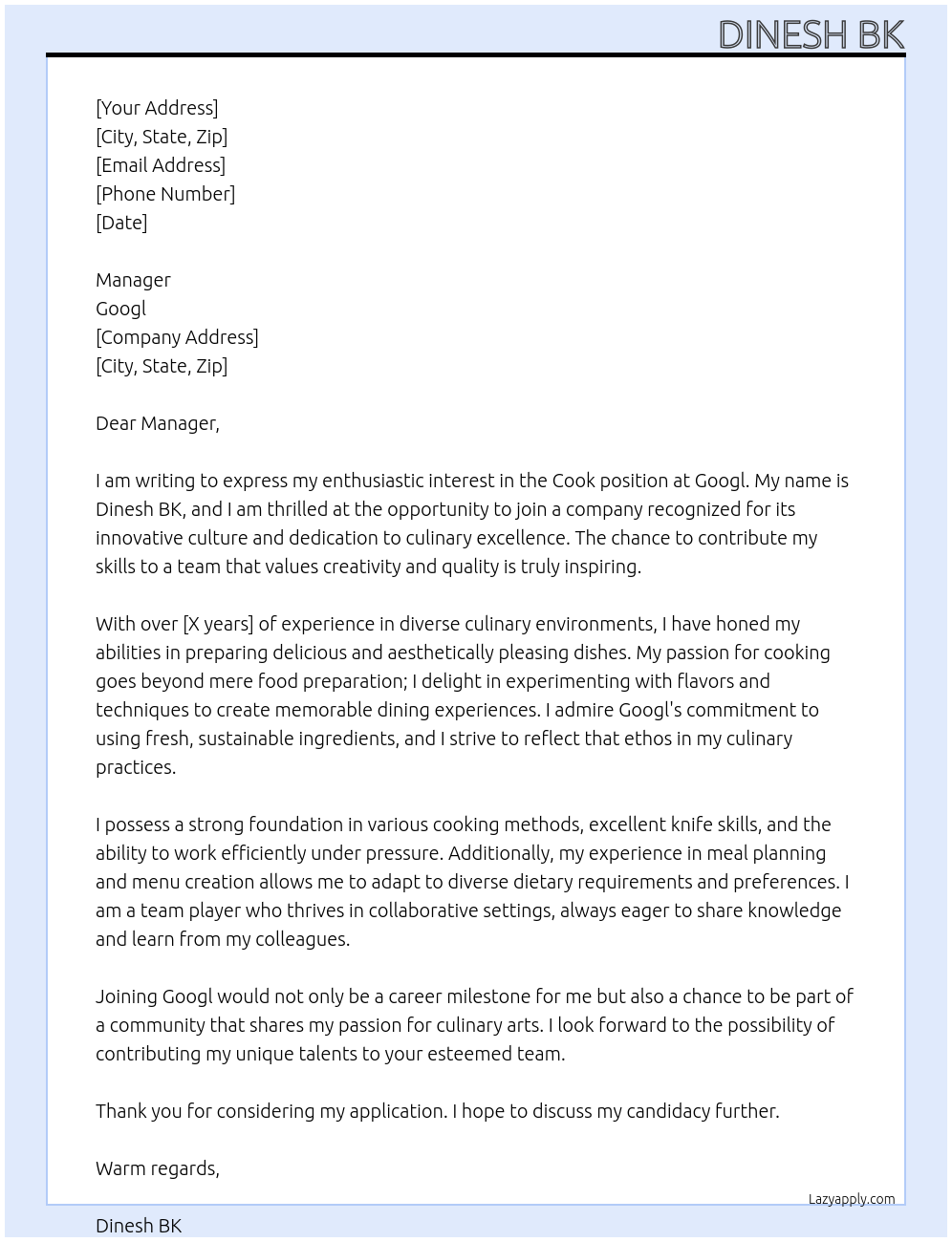 Cook At Googl Cover Letter