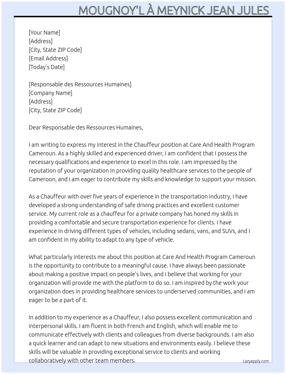 Chauffeur At Care And health program Cameroun Cover Letter