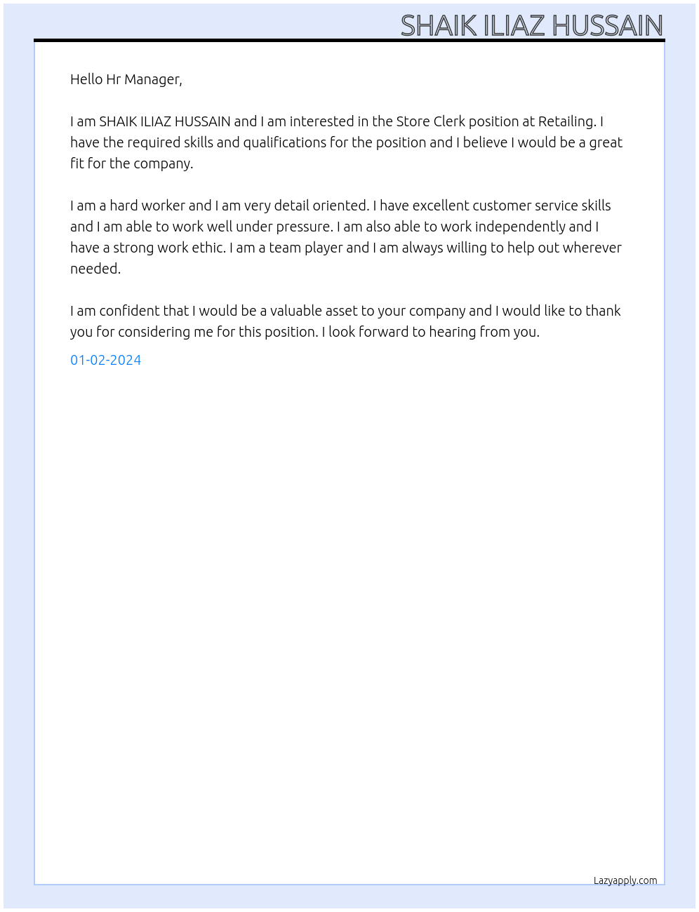 Store Clerk At Retailing Cover Letter