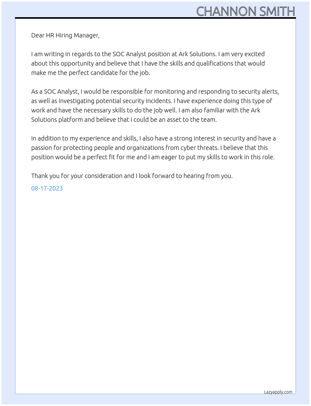 SOC Analyst At Ark Solutions Cover Letter