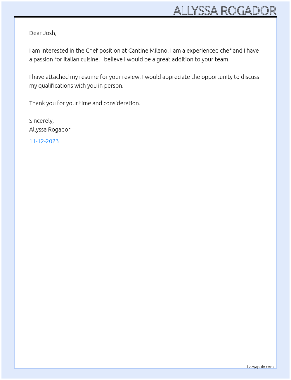 Chef At Cantine Milano Cover Letter