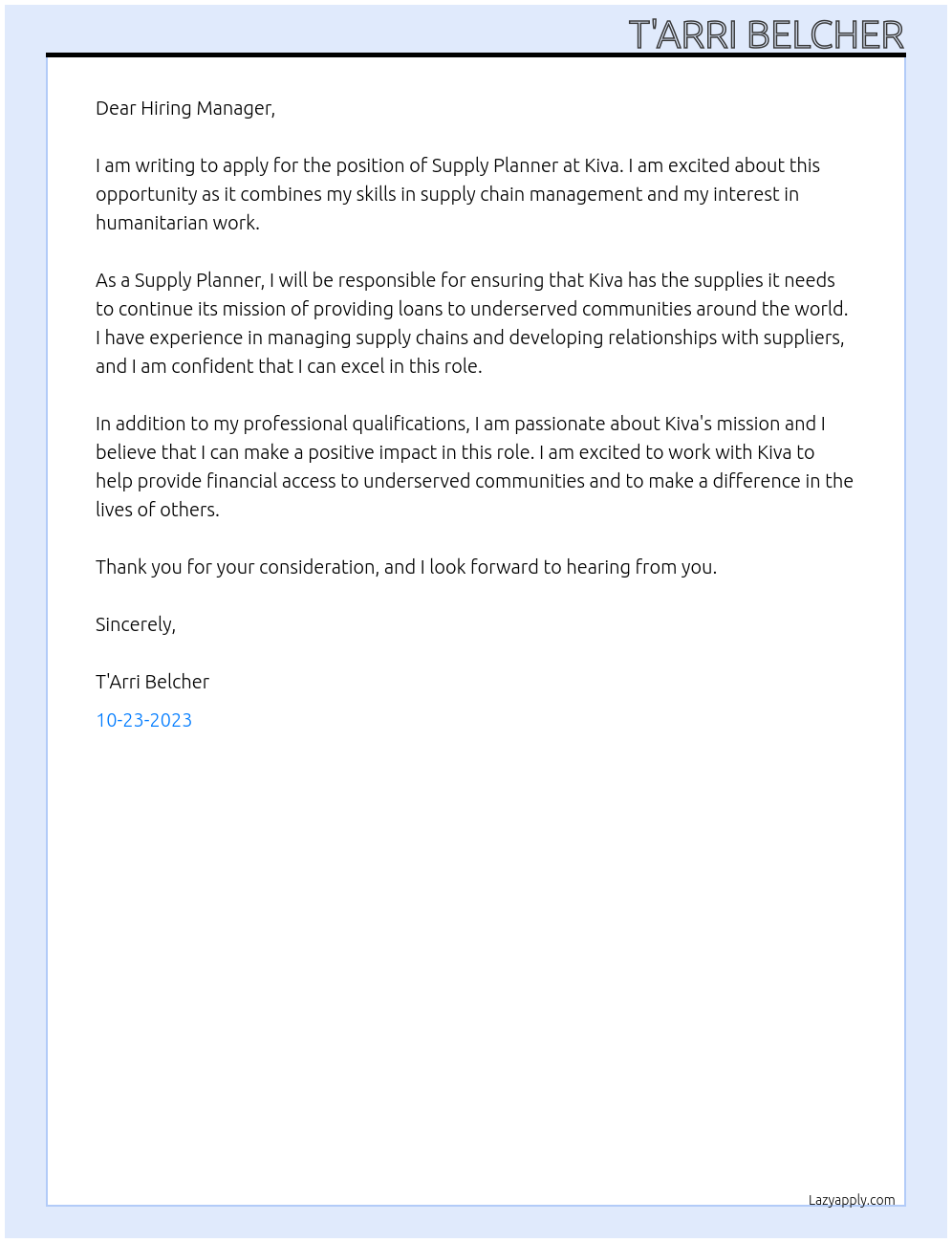 Supply Planner At Kiva Cover Letter