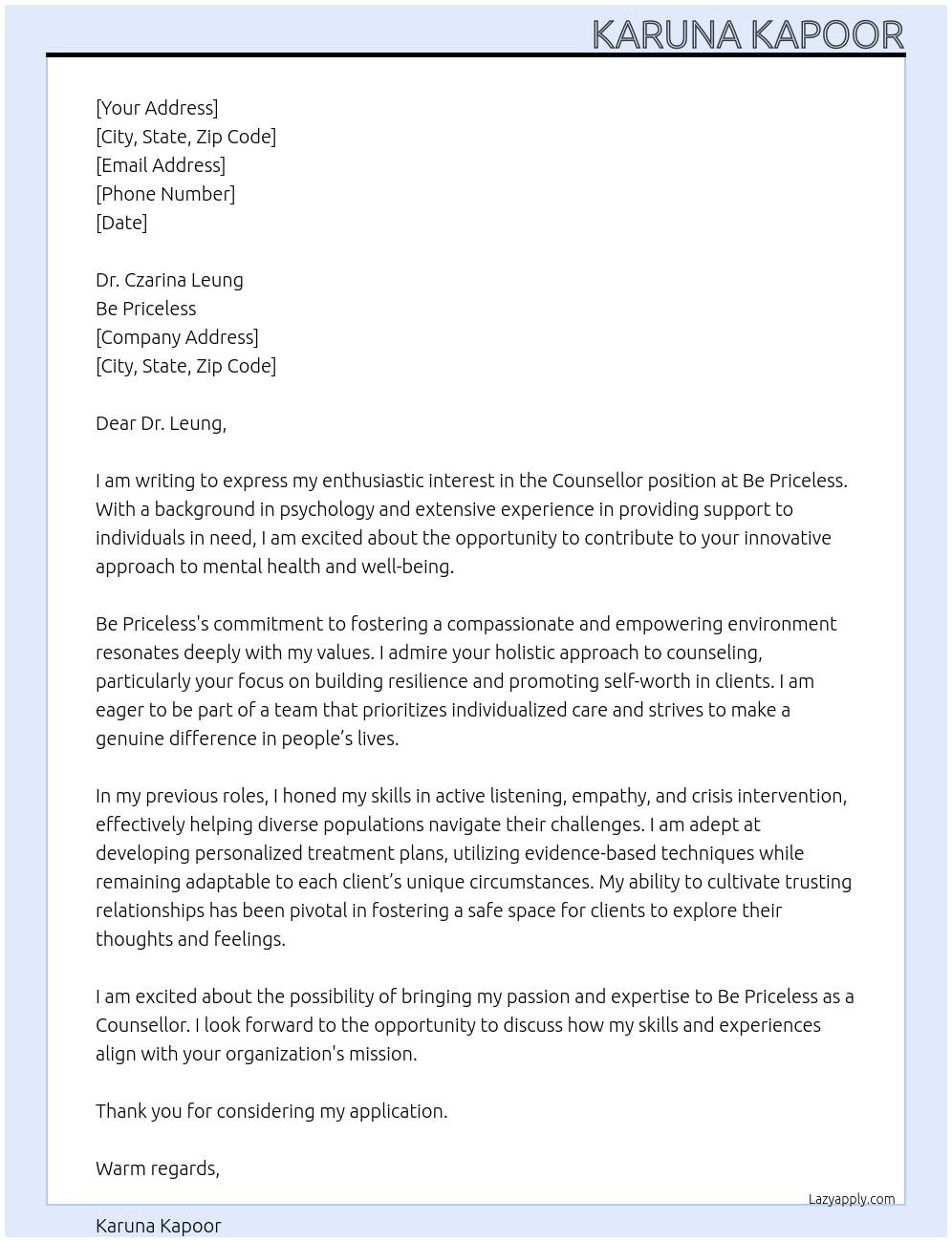 Counsellor At Be Priceless Cover Letter